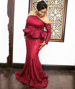 Plus Size Burgundy Sequined Evening Gowns Long Sleeve Sheer Neck Peplum Mermaid Formal Dress Africa Nigeria Women Gala Prom Gown