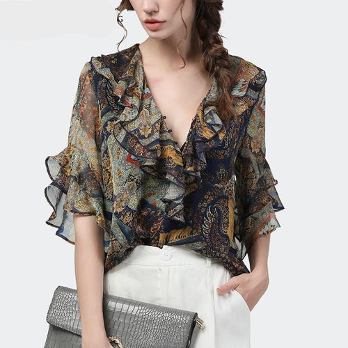 Fashion Women Summer Printed Chiffon Blouse Ruffles Half Sleeve V-Neck Tops Loose Plus Size Long Tail Ladies Casual Blouses