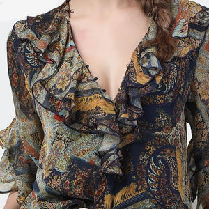 Fashion Women Summer Printed Chiffon Blouse Ruffles Half Sleeve V-Neck Tops Loose Plus Size Long Tail Ladies Casual Blouses