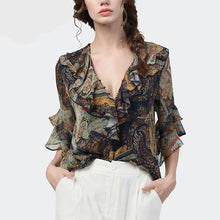 Load image into Gallery viewer, Fashion Women Summer Printed Chiffon Blouse Ruffles Half Sleeve V-Neck Tops Loose Plus Size Long Tail Ladies Casual Blouses