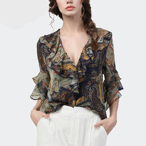 Fashion Women Summer Printed Chiffon Blouse Ruffles Half Sleeve V-Neck Tops Loose Plus Size Long Tail Ladies Casual Blouses