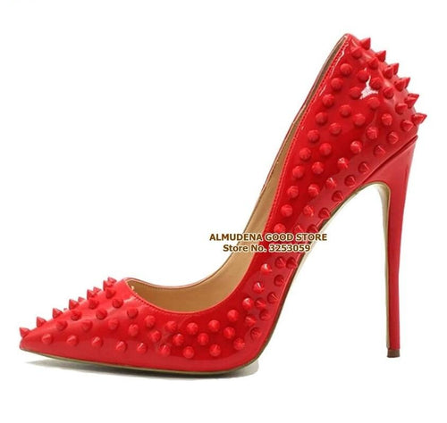 ALMUDENA 8 10 12cm Stiletto Heels Rivets Pointed Toe Shoes Red Pink Black Studded Wedding Shoes Full Spikes Dress Pumps Size45
