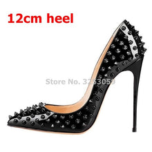 Load image into Gallery viewer, ALMUDENA 8 10 12cm Stiletto Heels Rivets Pointed Toe Shoes Red Pink Black Studded Wedding Shoes Full Spikes Dress Pumps Size45