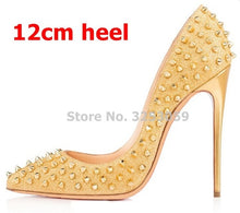 Load image into Gallery viewer, ALMUDENA 8 10 12cm Stiletto Heels Rivets Pointed Toe Shoes Red Pink Black Studded Wedding Shoes Full Spikes Dress Pumps Size45