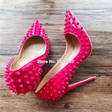 Load image into Gallery viewer, ALMUDENA 8 10 12cm Stiletto Heels Rivets Pointed Toe Shoes Red Pink Black Studded Wedding Shoes Full Spikes Dress Pumps Size45