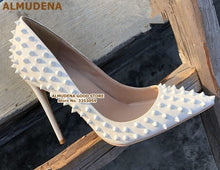 Load image into Gallery viewer, ALMUDENA 8 10 12cm Stiletto Heels Rivets Pointed Toe Shoes Red Pink Black Studded Wedding Shoes Full Spikes Dress Pumps Size45