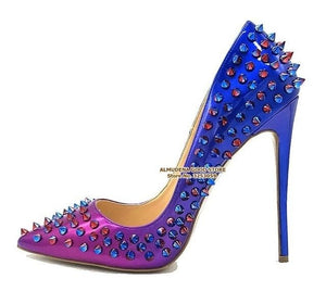 ALMUDENA 8 10 12cm Stiletto Heels Rivets Pointed Toe Shoes Red Pink Black Studded Wedding Shoes Full Spikes Dress Pumps Size45