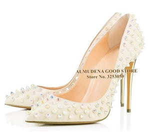 ALMUDENA 8 10 12cm Stiletto Heels Rivets Pointed Toe Shoes Red Pink Black Studded Wedding Shoes Full Spikes Dress Pumps Size45
