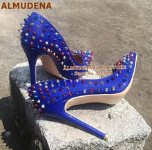 Load image into Gallery viewer, ALMUDENA 8 10 12cm Stiletto Heels Rivets Pointed Toe Shoes Red Pink Black Studded Wedding Shoes Full Spikes Dress Pumps Size45