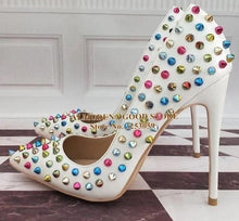 Load image into Gallery viewer, ALMUDENA 8 10 12cm Stiletto Heels Rivets Pointed Toe Shoes Red Pink Black Studded Wedding Shoes Full Spikes Dress Pumps Size45