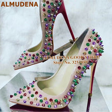 Load image into Gallery viewer, ALMUDENA 8 10 12cm Stiletto Heels Rivets Pointed Toe Shoes Red Pink Black Studded Wedding Shoes Full Spikes Dress Pumps Size45