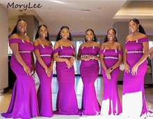 Load image into Gallery viewer, Purple Bridesmaid Dresses Mermaid Floor Length Sweep Train Shining Crystal Beading Satin Pleated Wedding Party Bridemaid Dresses