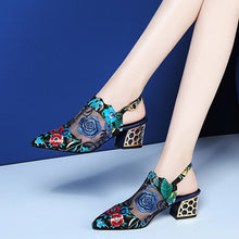Load image into Gallery viewer, 2020 High Heels Sandals Woman Mesh Summer Shoes Women Pumps Pointed toe Ankle Buckle Strap Ethnic Embroidery Flower Handmade