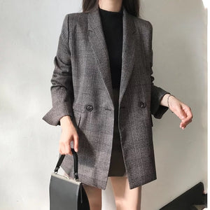 Women's check long sleeve cotton jacket causual vintage coat plaid  blazer