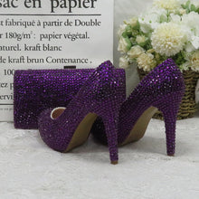 Load image into Gallery viewer, Dark Purple Crystal wedding shoes with matching bags bride party dress High heels platform shoes Round Toe High Pumps and Purse