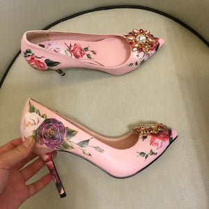 Spring summer rhinestone Shoes Women embroidery flower 10 cm 6cm high heels Pumps runway design bridal crystal wedding shoes