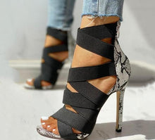 Load image into Gallery viewer, Snake Summer Shoes Woman Pumps High Thin Heels Pointed Toe Rhinestone Gladiator Pumps Party Sexy Shoes Prom Shoes
