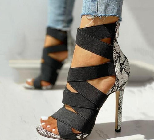 Snake Summer Shoes Woman Pumps High Thin Heels Pointed Toe Rhinestone Gladiator Pumps Party Sexy Shoes Prom Shoes