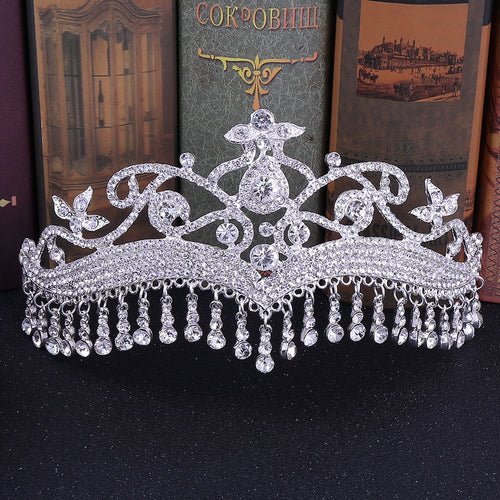 KMVEXO Luxury Rhinestone Tassel Fringe Bridal Tiaras Flower Crystal Diadem Veil Crown Wedding Hair Accessories Headpieces