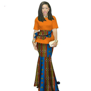 2020 Summer African Clothing Traditional O-neck African Clothing For Women Print Skirt Set African Cotton Clothes Ruffles WY1413