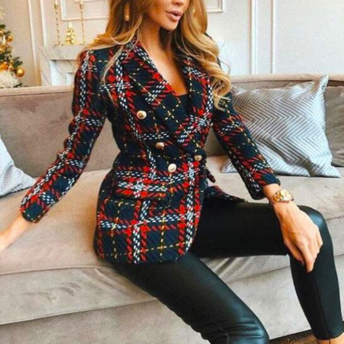 Red Plaid Blazer 2020 Women Spring-Autumn Vintage Tweed Suits Jackets Office Ladies Chic Slim Blazers Girls Tassel Tops Set Coat