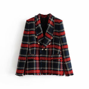 Red Plaid Blazer 2020 Women Spring-Autumn Vintage Tweed Suits Jackets Office Ladies Chic Slim Blazers Girls Tassel Tops Set Coat