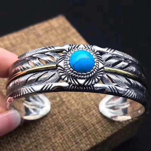 925 sterling Silver color Hollow out Ethnic Indian Style Thai silver color Inlaid Turquoise Feather Bracelet Bangle Jewelry