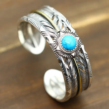 Load image into Gallery viewer, 925 sterling Silver color Hollow out Ethnic Indian Style Thai silver color Inlaid Turquoise Feather Bracelet Bangle Jewelry