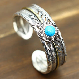 925 sterling Silver color Hollow out Ethnic Indian Style Thai silver color Inlaid Turquoise Feather Bracelet Bangle Jewelry