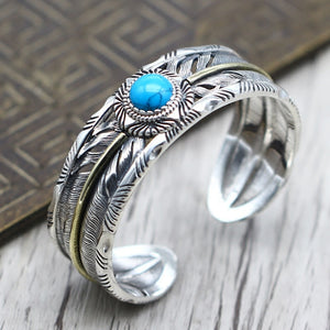 925 sterling Silver color Hollow out Ethnic Indian Style Thai silver color Inlaid Turquoise Feather Bracelet Bangle Jewelry