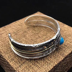 925 sterling Silver color Hollow out Ethnic Indian Style Thai silver color Inlaid Turquoise Feather Bracelet Bangle Jewelry