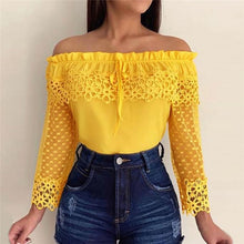 Load image into Gallery viewer, Fashion Elegant Women Shirt Crochet Slim Tops Lace Patchwork Embroidery Nine Quarter Sleeve Office Yellow Blouse