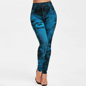 Women's Summer Breeches Denim Print Leggings Fashion Slim Faux Jeans Leggings Women Stretch Printed Blue Women's Breeches