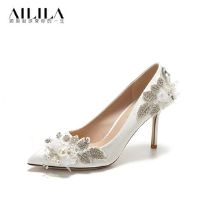 Wedding Shoes Women's 2020 New Main Yarn Bridal Shoes Pearl White High Heels Women's Thin Heeled All-match Crystal Shoes