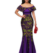 Load image into Gallery viewer, Fashion African Print Long Mermaid Dress for Women Bazin Rich Patchwork Peter Pan Colla Dresses African Design Clothing WY3272