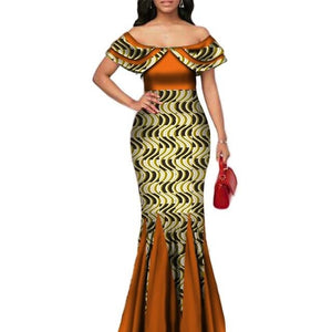 Fashion African Print Long Mermaid Dress for Women Bazin Rich Patchwork Peter Pan Colla Dresses African Design Clothing WY3272