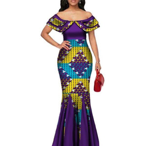 Fashion African Print Long Mermaid Dress for Women Bazin Rich Patchwork Peter Pan Colla Dresses African Design Clothing WY3272