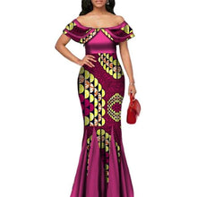 Load image into Gallery viewer, Fashion African Print Long Mermaid Dress for Women Bazin Rich Patchwork Peter Pan Colla Dresses African Design Clothing WY3272