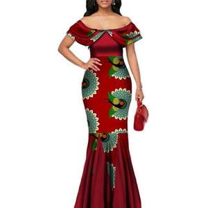 Fashion African Print Long Mermaid Dress for Women Bazin Rich Patchwork Peter Pan Colla Dresses African Design Clothing WY3272