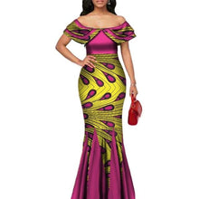 Load image into Gallery viewer, Fashion African Print Long Mermaid Dress for Women Bazin Rich Patchwork Peter Pan Colla Dresses African Design Clothing WY3272