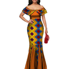 Load image into Gallery viewer, Fashion African Print Long Mermaid Dress for Women Bazin Rich Patchwork Peter Pan Colla Dresses African Design Clothing WY3272