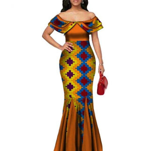 Fashion African Print Long Mermaid Dress for Women Bazin Rich Patchwork Peter Pan Colla Dresses African Design Clothing WY3272