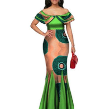 Load image into Gallery viewer, Fashion African Print Long Mermaid Dress for Women Bazin Rich Patchwork Peter Pan Colla Dresses African Design Clothing WY3272