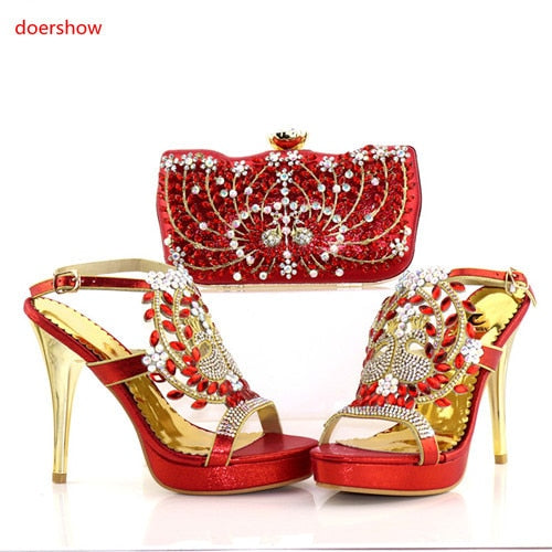 doershow Shoes and bag maching set in summer High heel with smart hand bag matching set African Shoes and bag set  SAB1-17