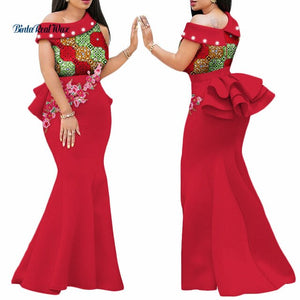 2020 African Print Dresses for Women Bazin Riche Applique Draped Long Dresses Party Vestidos Traditional African Clothing WY444