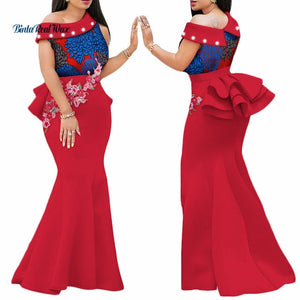 2020 African Print Dresses for Women Bazin Riche Applique Draped Long Dresses Party Vestidos Traditional African Clothing WY444