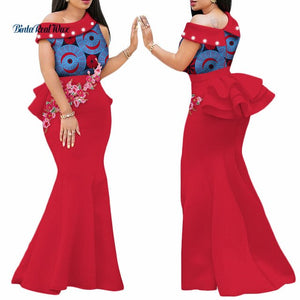 2020 African Print Dresses for Women Bazin Riche Applique Draped Long Dresses Party Vestidos Traditional African Clothing WY444