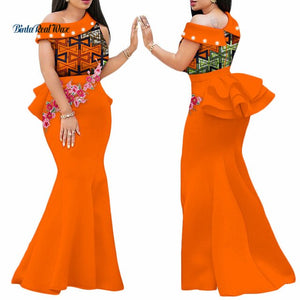 2020 African Print Dresses for Women Bazin Riche Applique Draped Long Dresses Party Vestidos Traditional African Clothing WY444