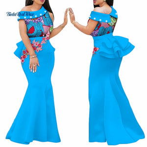 2020 African Print Dresses for Women Bazin Riche Applique Draped Long Dresses Party Vestidos Traditional African Clothing WY444