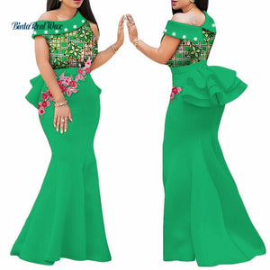 2020 African Print Dresses for Women Bazin Riche Applique Draped Long Dresses Party Vestidos Traditional African Clothing WY444